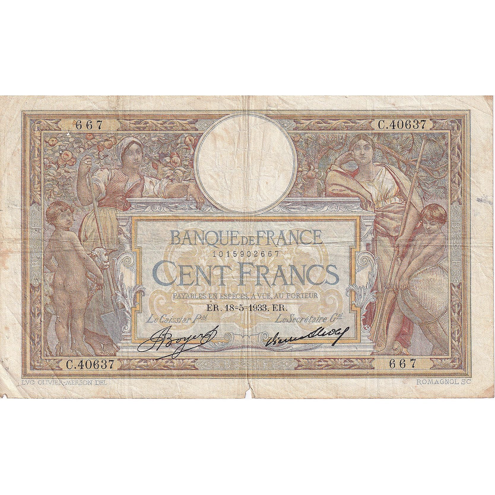 Francja, 100 Francs, Luc Olivier Merson, 1933, C.40637, VG(8-10), KM:78c