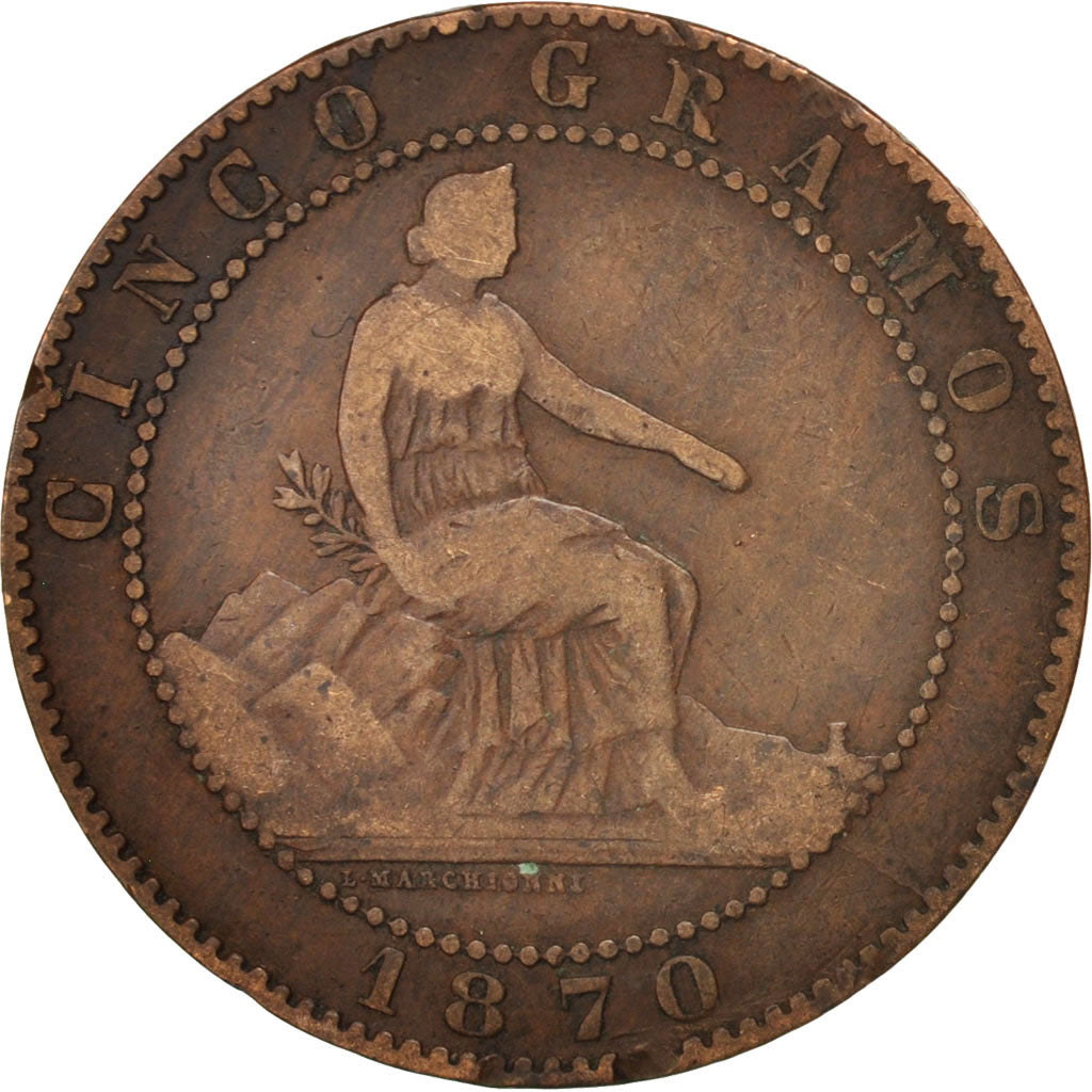 Moneda, España, Provisional Government, 5 Centimos, 1870, BC+, Cobre, KM:662