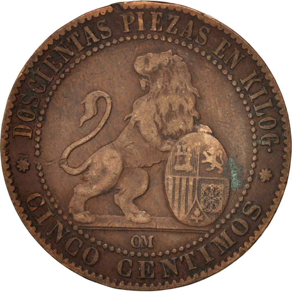 Moneda, España, Provisional Government, 5 Centimos, 1870, BC+, Cobre, KM:662