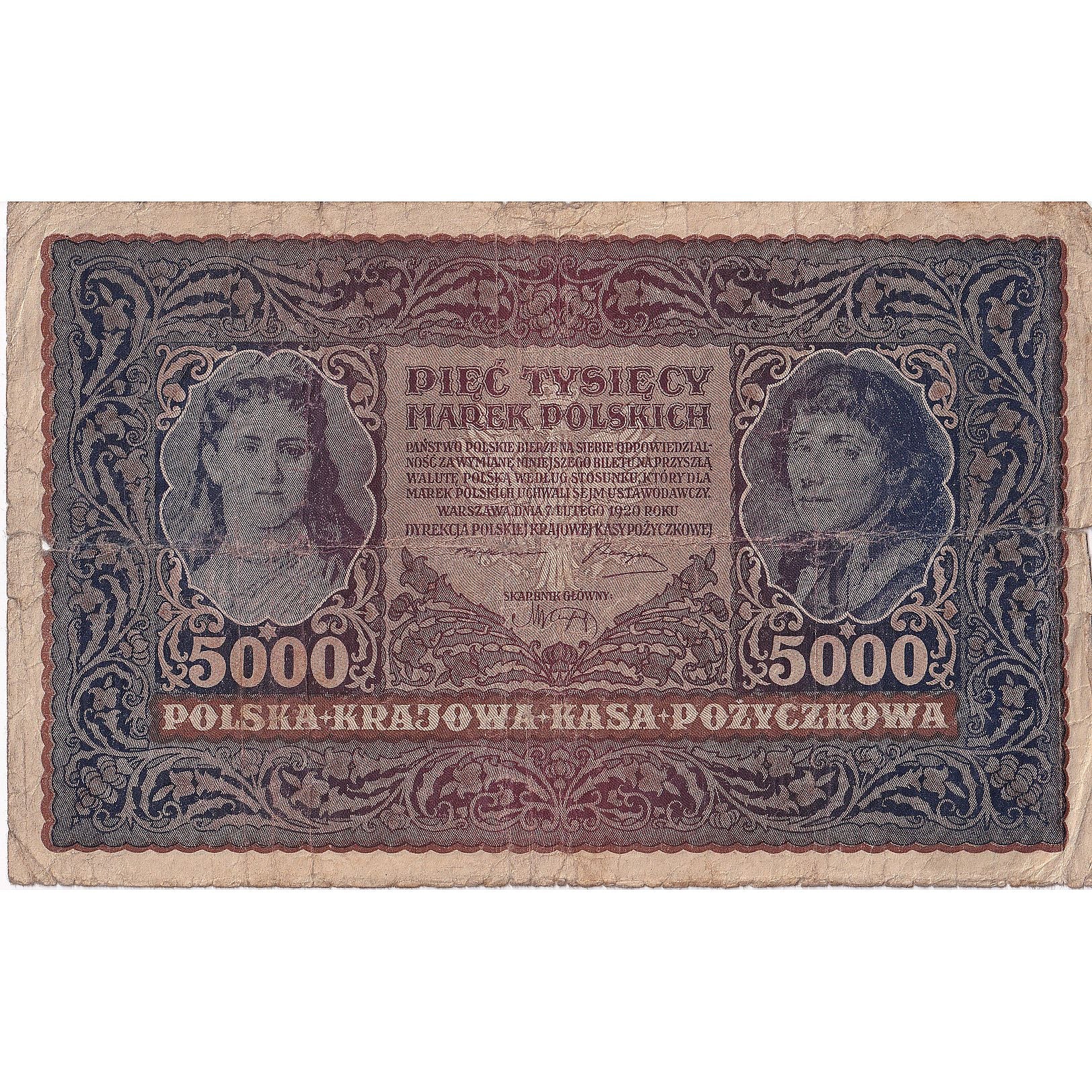 Poland, 5000 Marek, 1920, 1920-02-07, KM:31, VG(8-10)