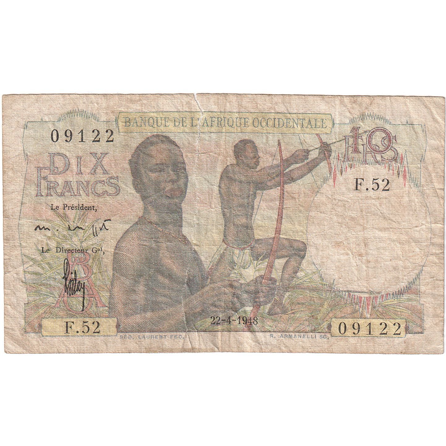 French West Africa, 10 Francs, 1948, 1948-04-22, KM:37, VG(8-10)