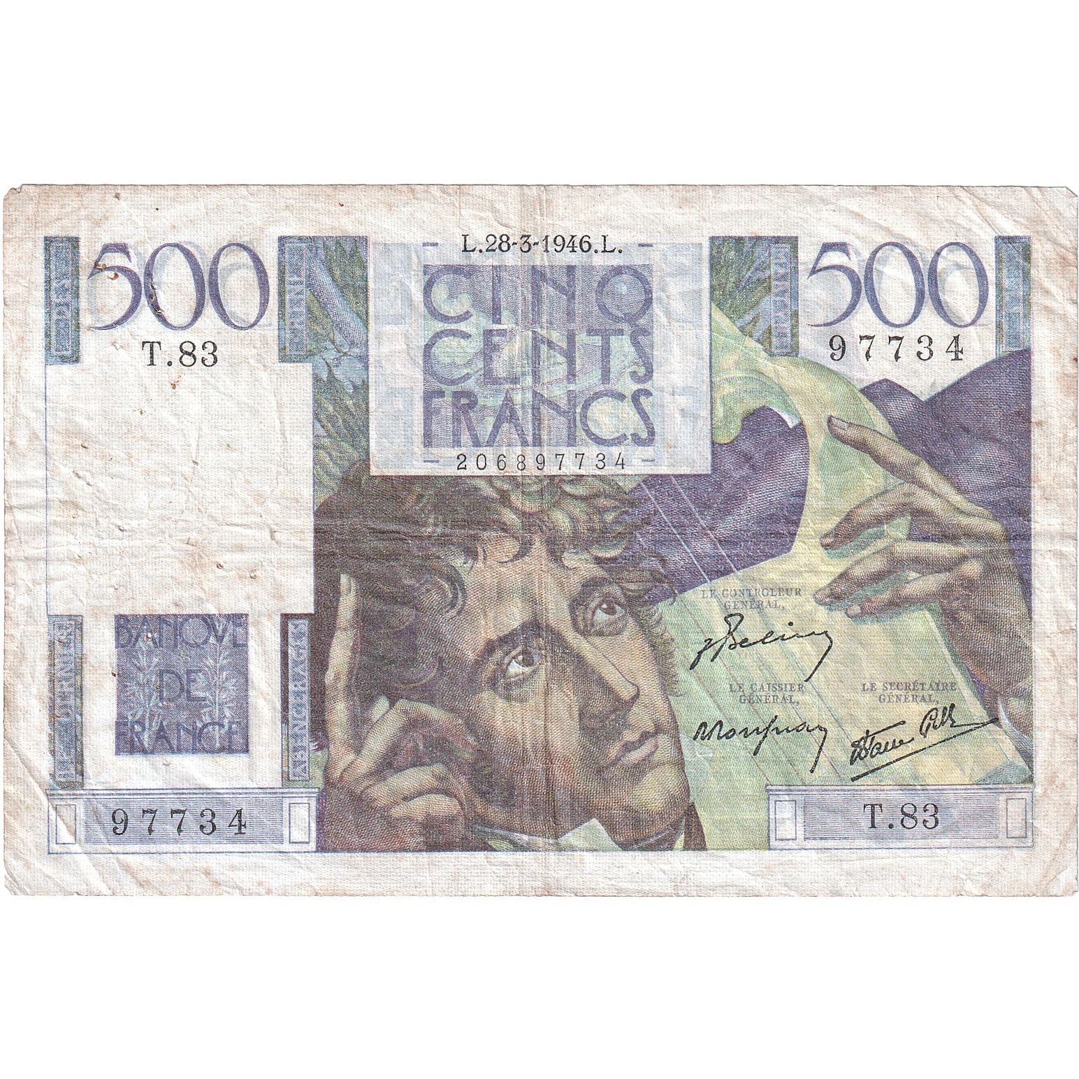 France, 500 Francs, Chateaubriand, 1946-03-28, T.83, VF(20-25)