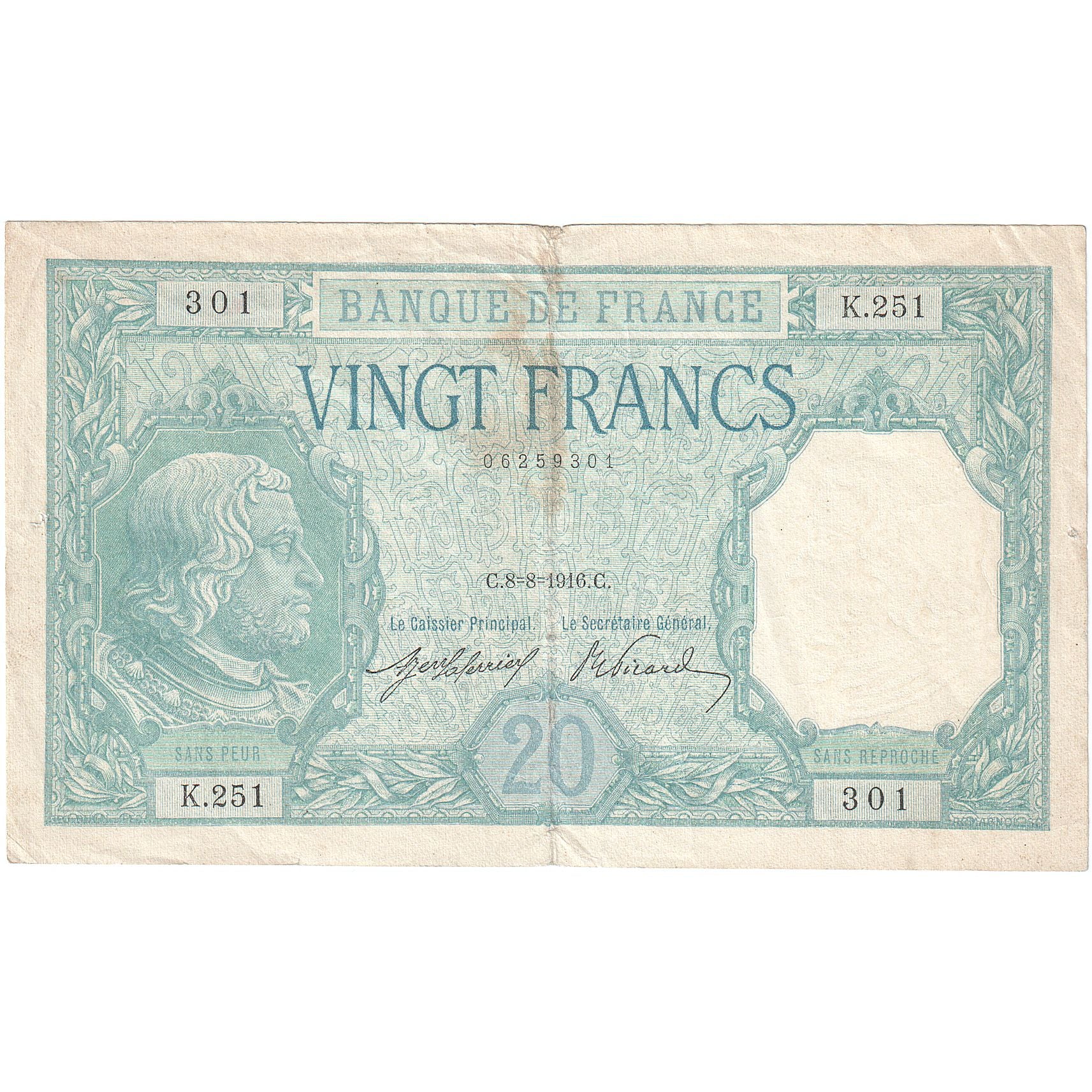 Frankrijk, 20 Francs, Bayard, 1916, K.251, TB+, Fayette:11.1, KM:74