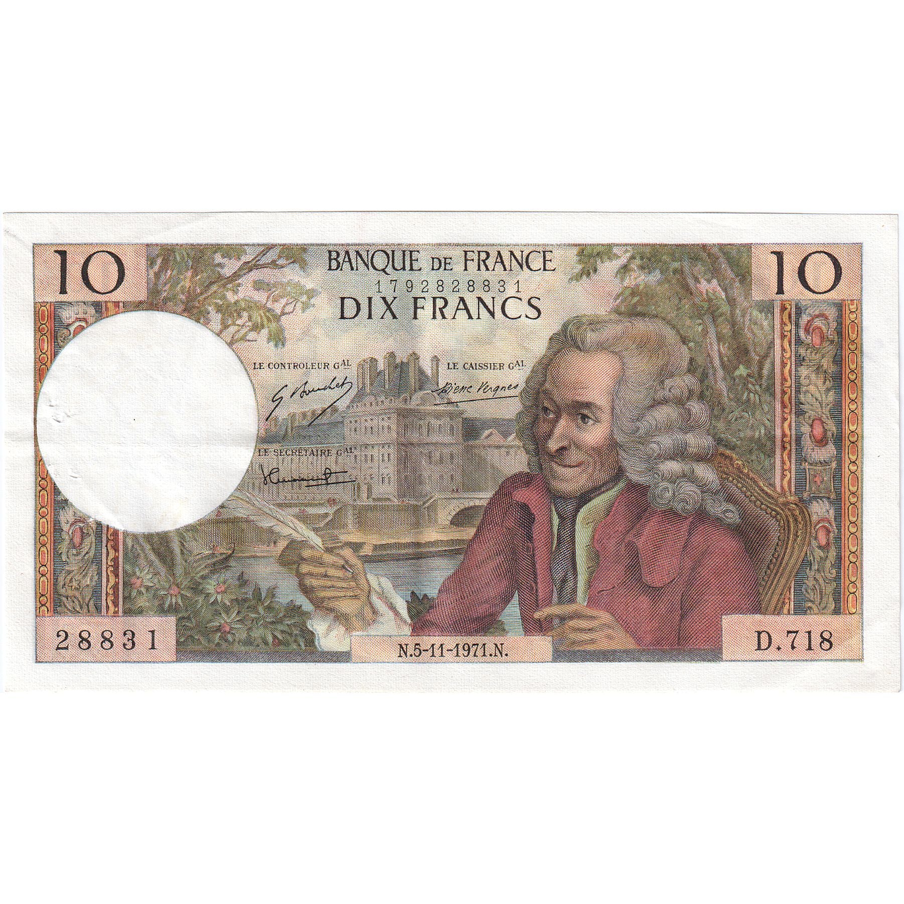 France, 10 Francs, Voltaire, 1971, D.718, AU(55-58), Fayette:62.52, KM:147d