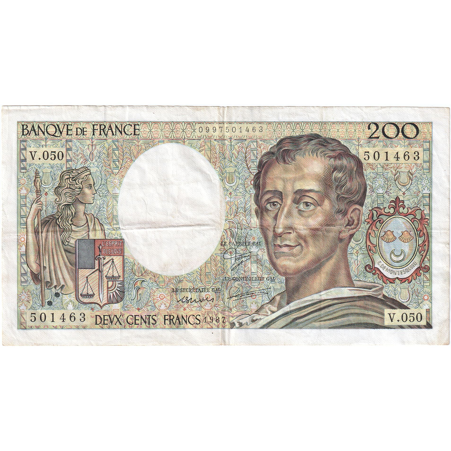 France, 200 Francs, Montesquieu, 1987, V.050, VF(30-35), Fayette:70.07, KM:155b