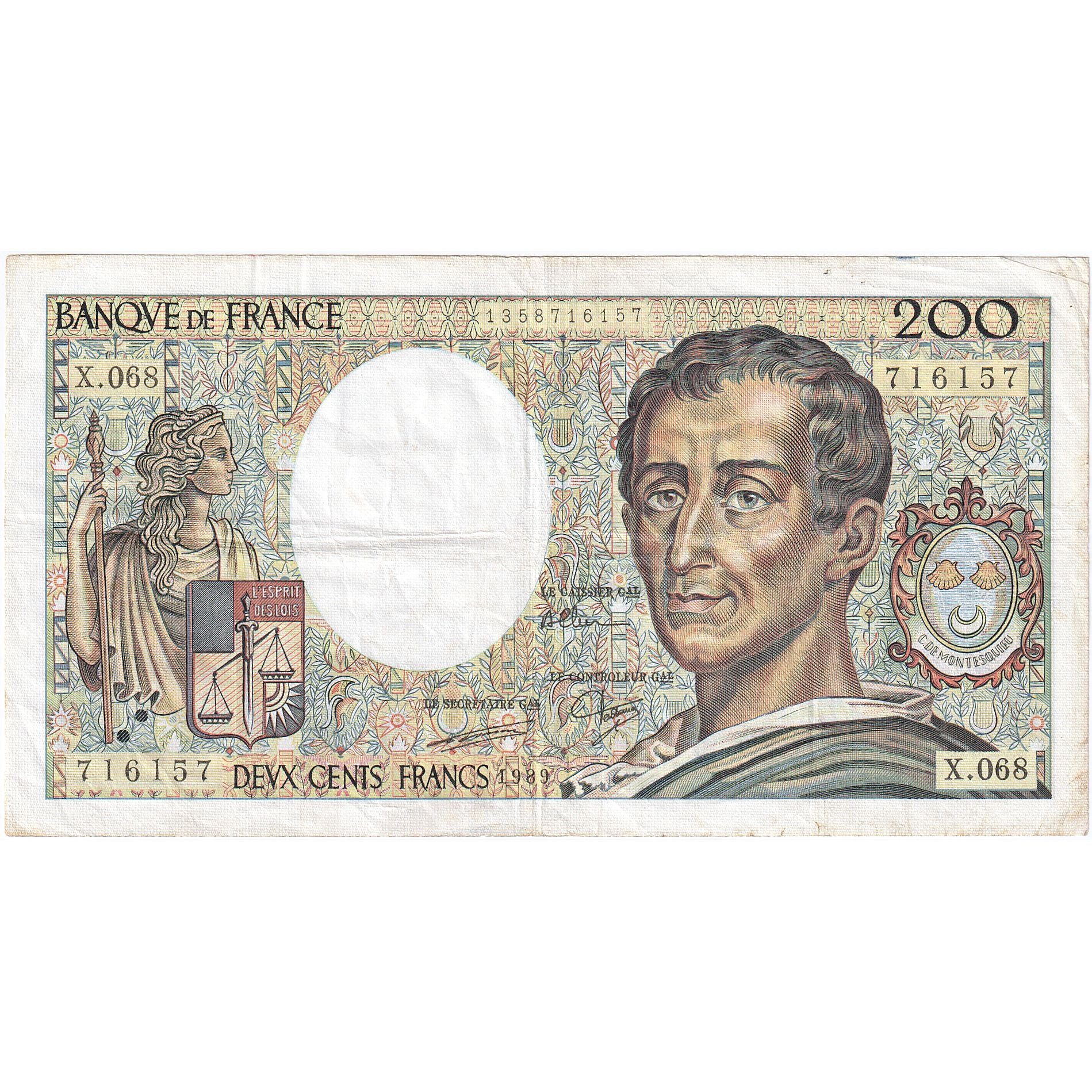 France, 200 Francs, Montesquieu, 1989, X.068, VF(20-25), Fayette:70.09, KM:155c