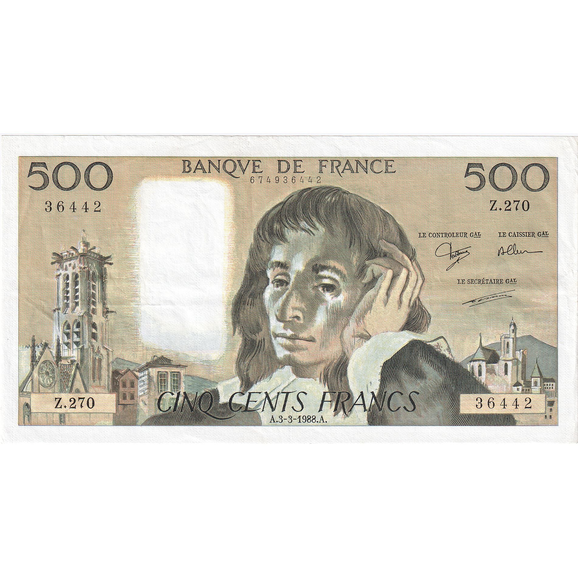 Frankrijk, 500 Francs, Pascal, 1988, Z.270, SUP, Fayette:71.38, KM:156g