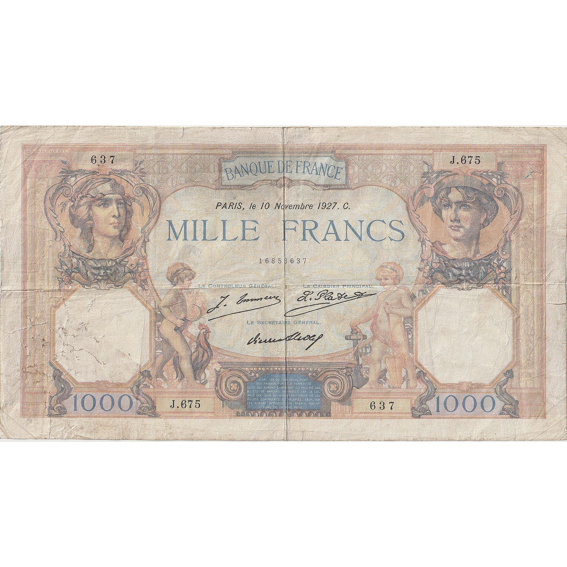 Frankrijk, 1000 Francs, Cérès et Mercure, 1927, J.675, B, Fayette:37.1, KM:79a