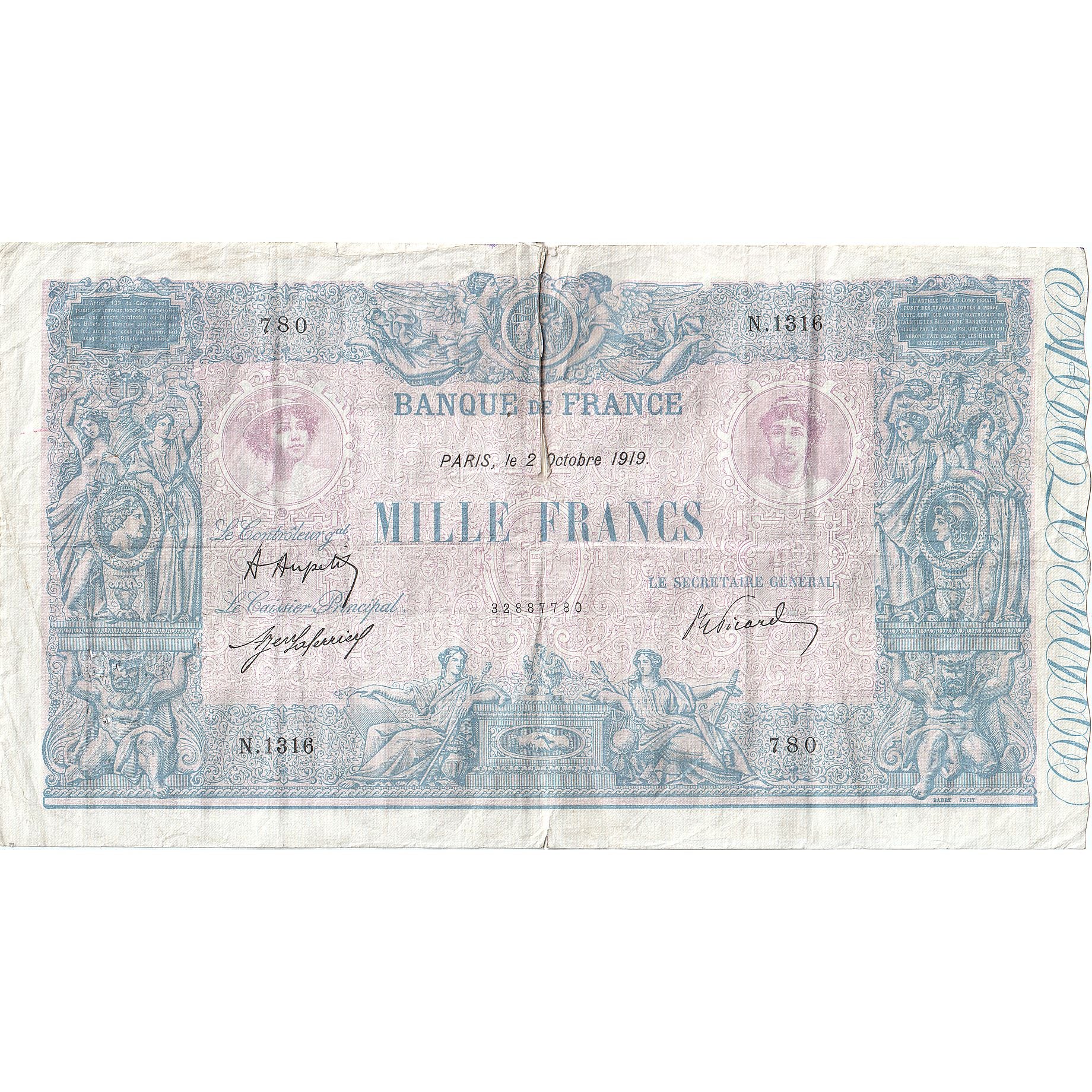 France, 1000 Francs, Bleu et Rose, 1919-10-02, N.1316, VG(8-10)