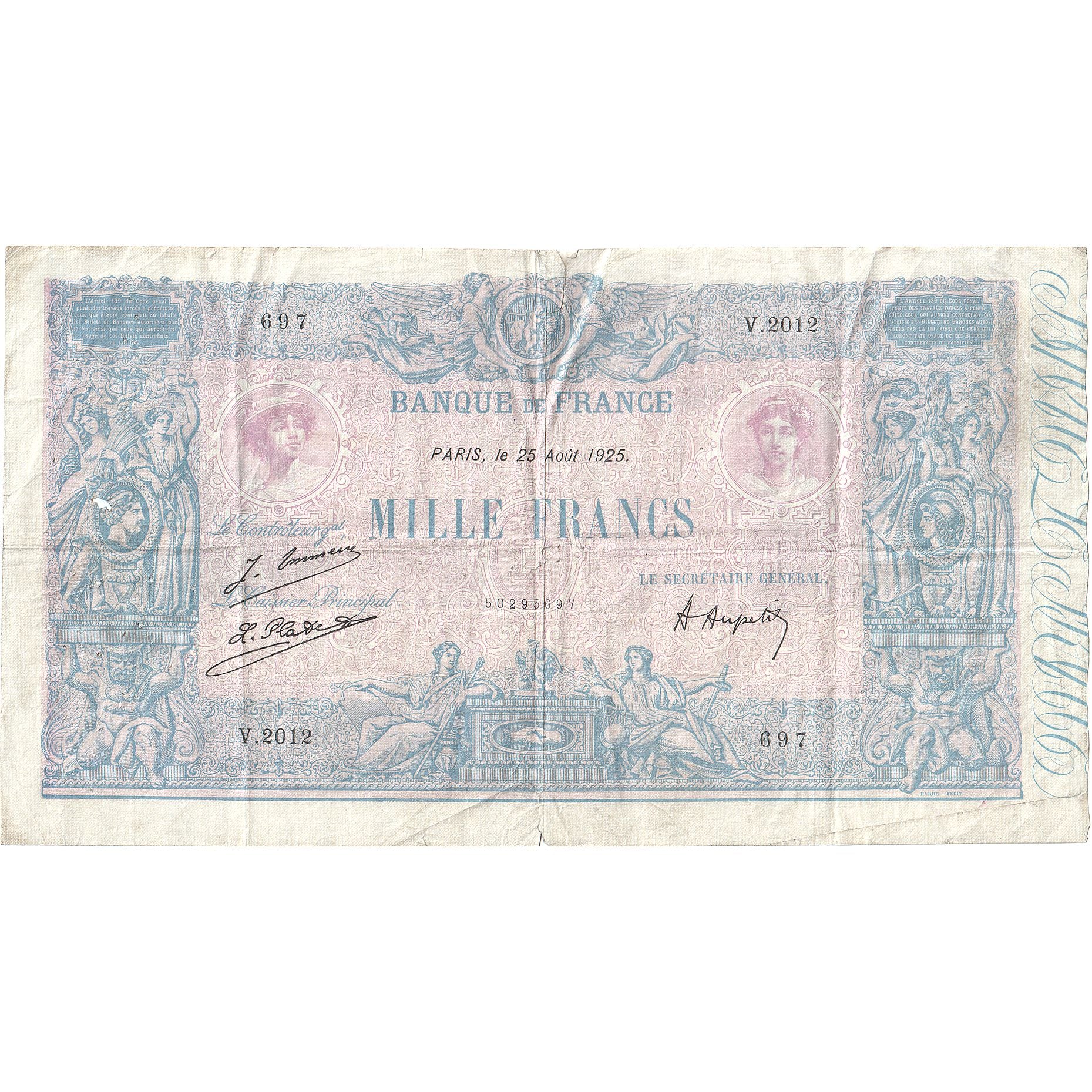 France, 1000 Francs, Bleu et Rose, 1925, V.2012, VG(8-10), Fayette:36.41, KM:67j