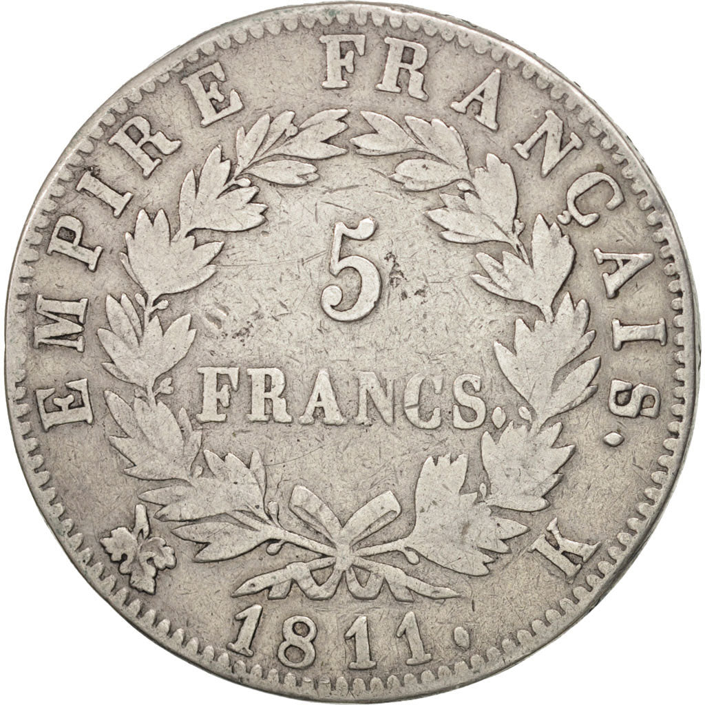 Moneta, Francia, Napoléon I, 5 Francs, 1811, Bordeaux, MB+, Argento, KM:694.8