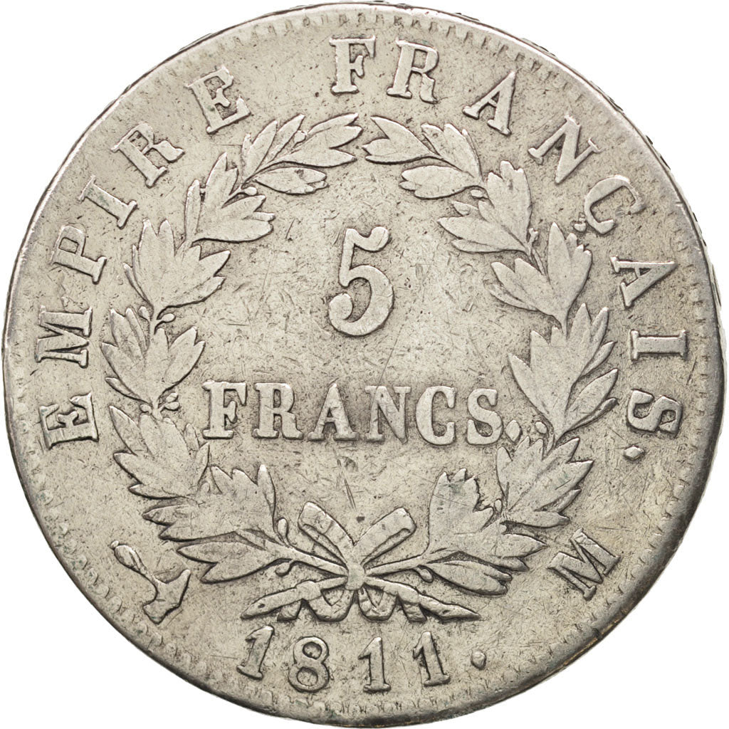 France, 5 Francs, 1811, Toulouse, VF(30-35), Silver, KM:694.10, Gadoury:584