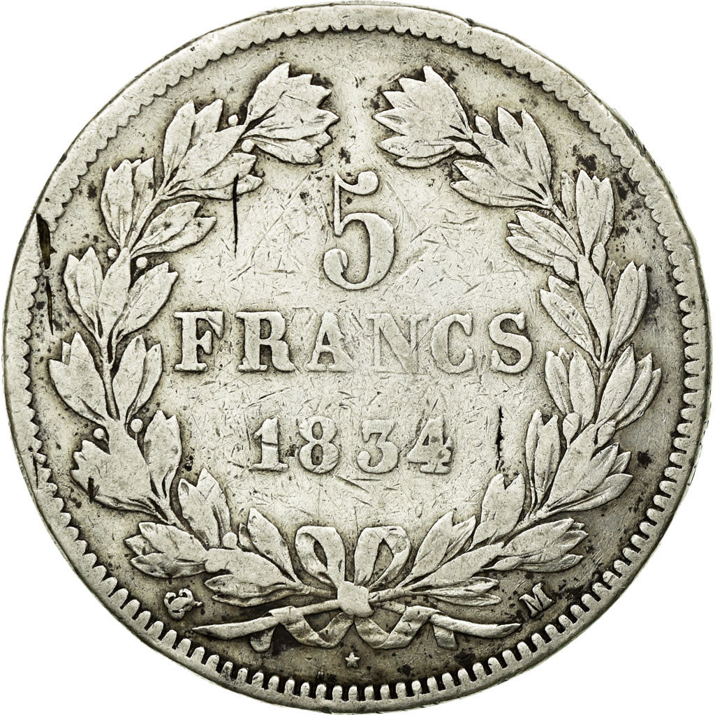 Moneda, Francia, Louis-Philippe, 5 Francs, 1834, Toulouse, BC+, Plata, KM:749.9