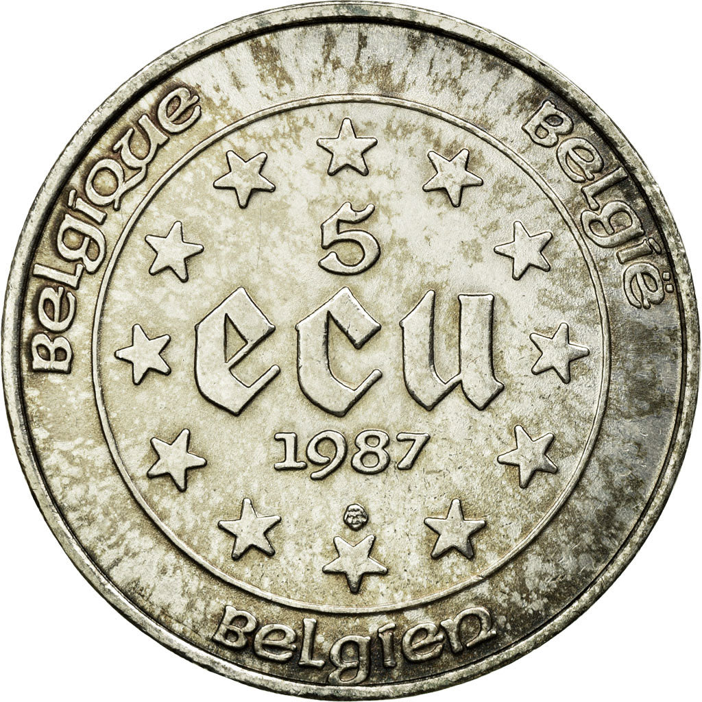 Coin, Belgium, 5 Ecu, 1987, Brussels, MS(60-62), Silver, KM:166