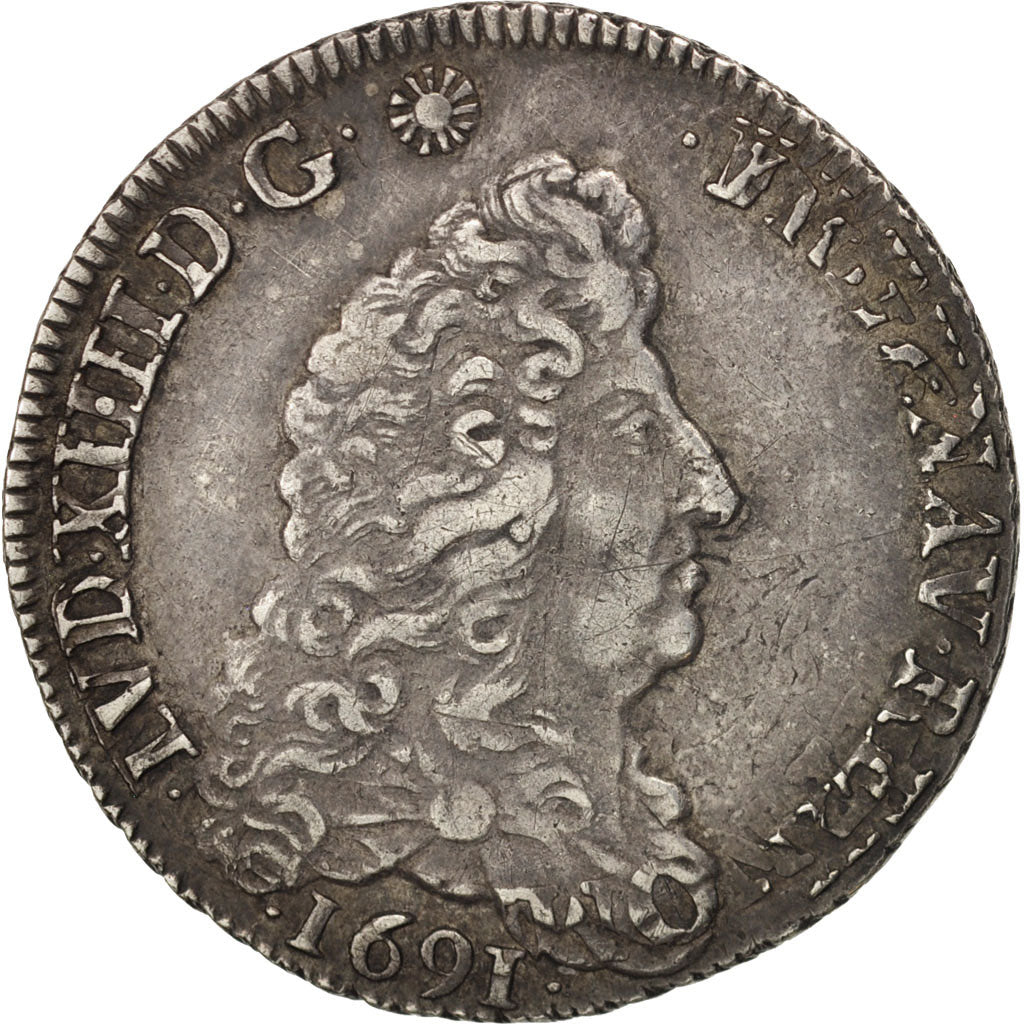 France, Louis XIV, 1/4 Écu aux 8 L, 1691, Riom, EF(40-45), Silver, KM 270.10