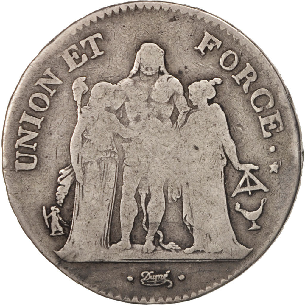 Francia, Union et Force, 5 Francs, 1801, Bordeaux, BC, Plata, KM:639.5