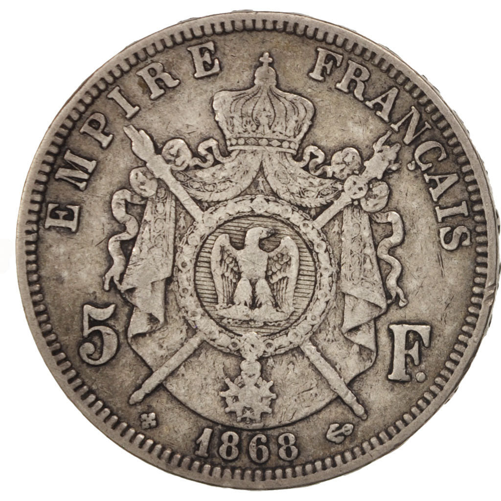 Francia, 5 Francs, 1868, Strasbourg, MB+, Argento, KM:799.2, Gadoury:739