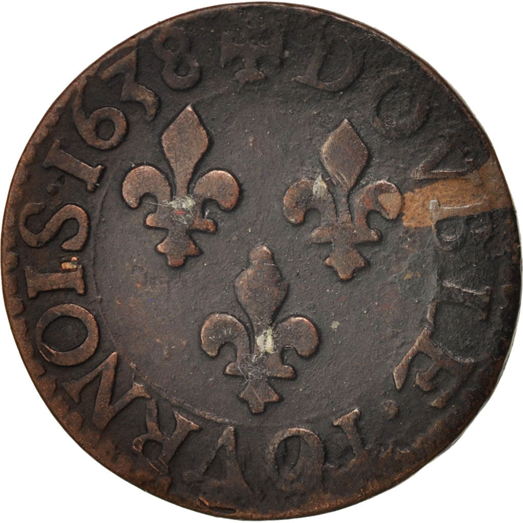 France, Louis XIII, Double tournois, buste laurée et drapé, 1638, Gadoury 11