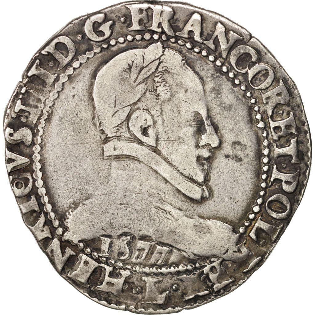 France, Henri III, Franc au Col Plat, 1577, Bayonne, VF(20-25), Silver