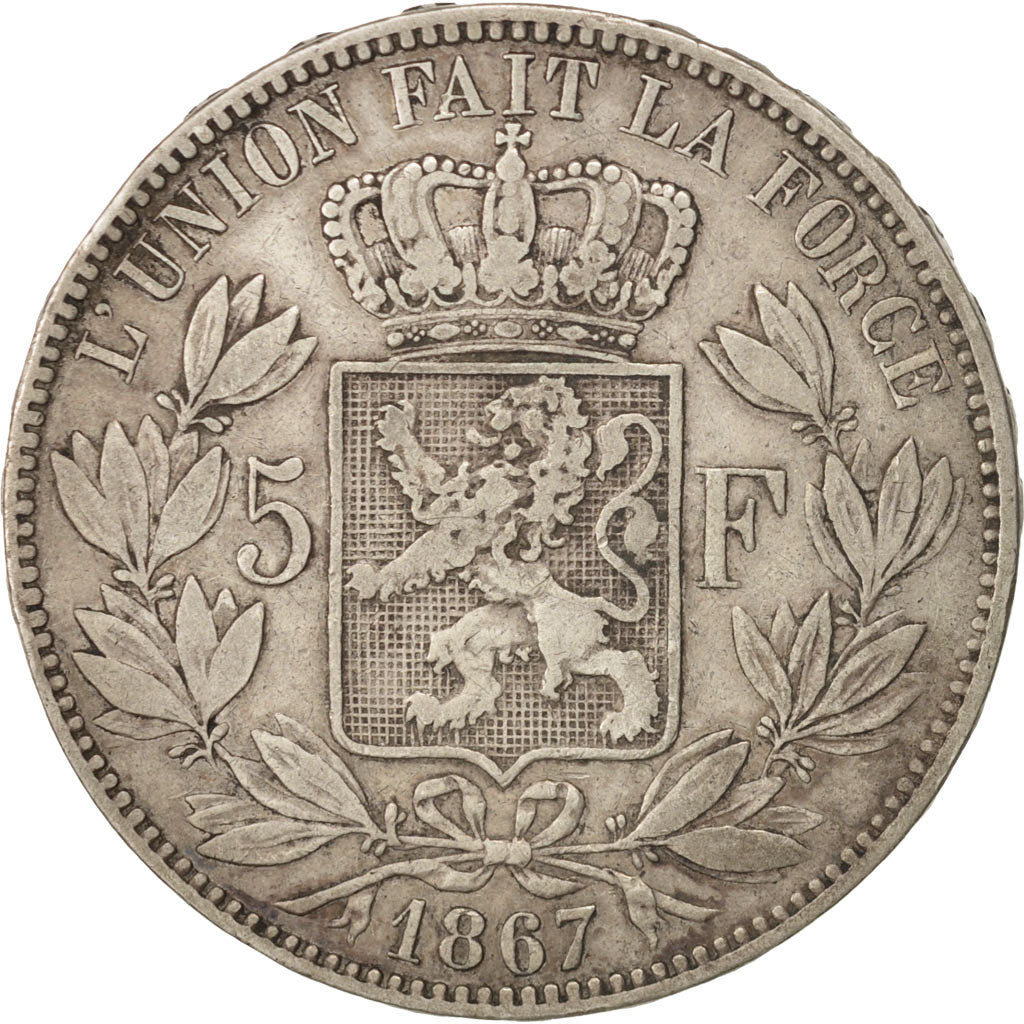 Belgio, Leopold II, 5 Francs, 5 Frank, 1867, MB+, Argento, KM:24