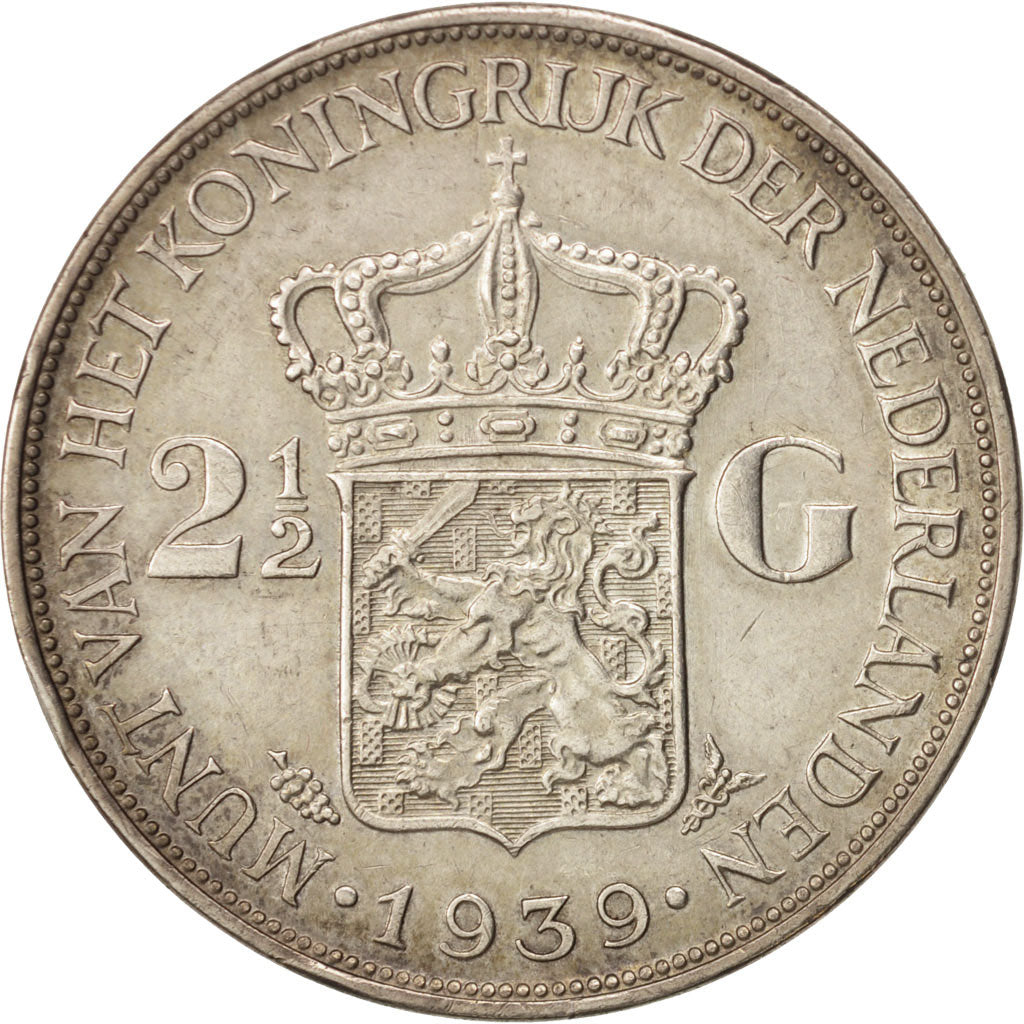 Paesi Bassi, Wilhelmina I, 2-1/2 Gulden, 1939, Utrecht, BB, Argento, KM:165