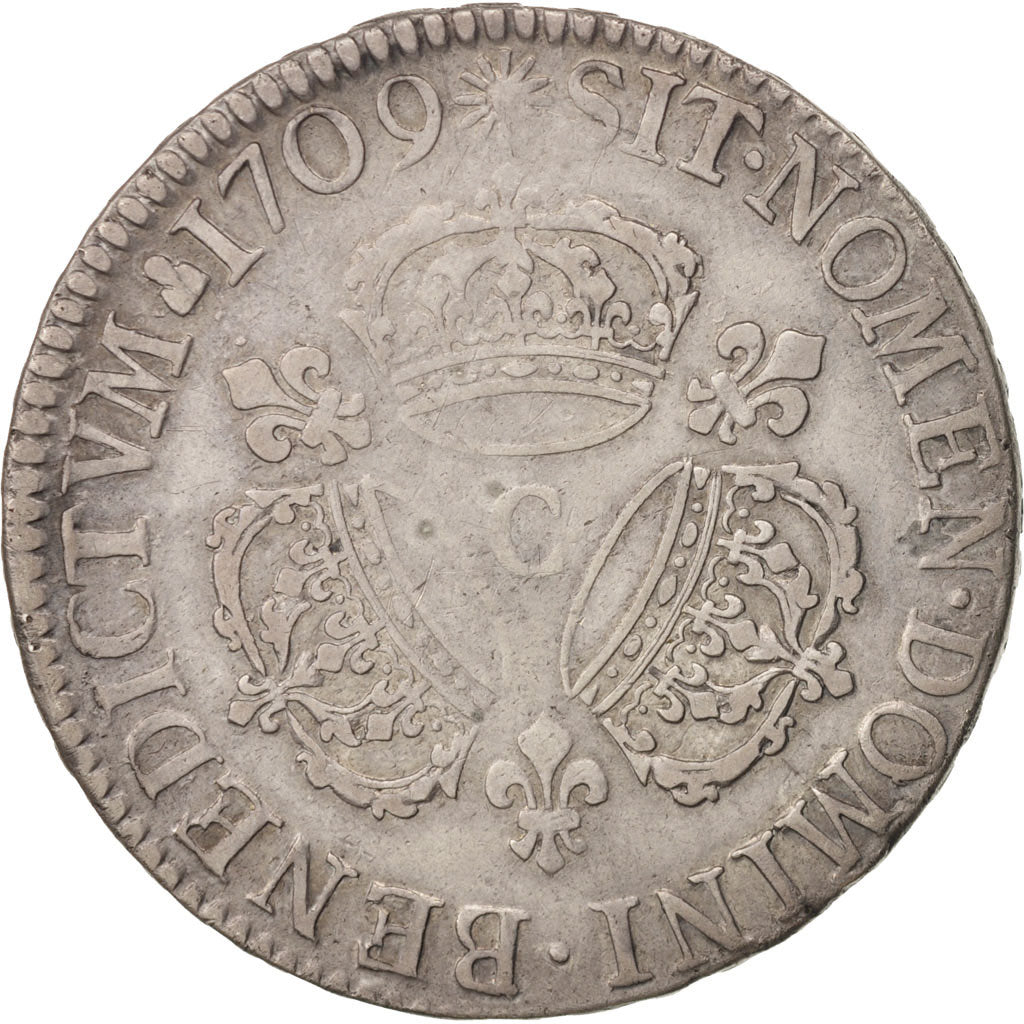 Francia, Louis XIV, Écu aux 3 couronnes, 1709, Caen, BC+, Plata, KM:386.3