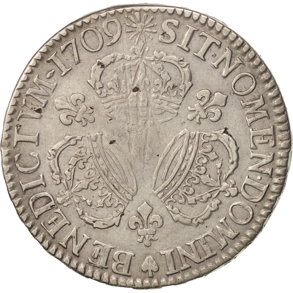 Moneda, Francia, Louis XIV, Écu aux 3 couronnes, Ecu, 1709, Rouen, BC+, Plata