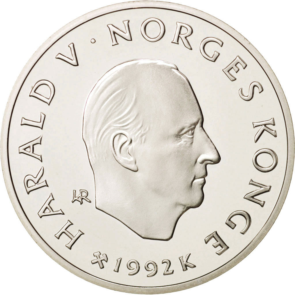 Norway, Harald V, 50 Kroner, 1992, MS(65-70), Silver, KM:439