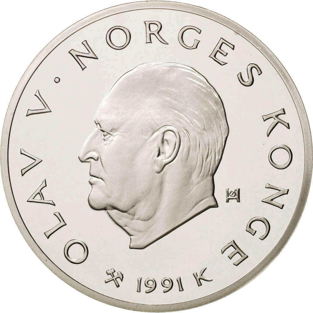 Norway, Olav V, 50 Kroner, 1991, MS(65-70), Silver, KM:432