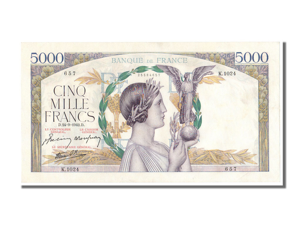 Francia, 5000 Francs, 5 000 F 1934-1944 ''Victoire'', 1942, KM:97c, BB+, Faye...