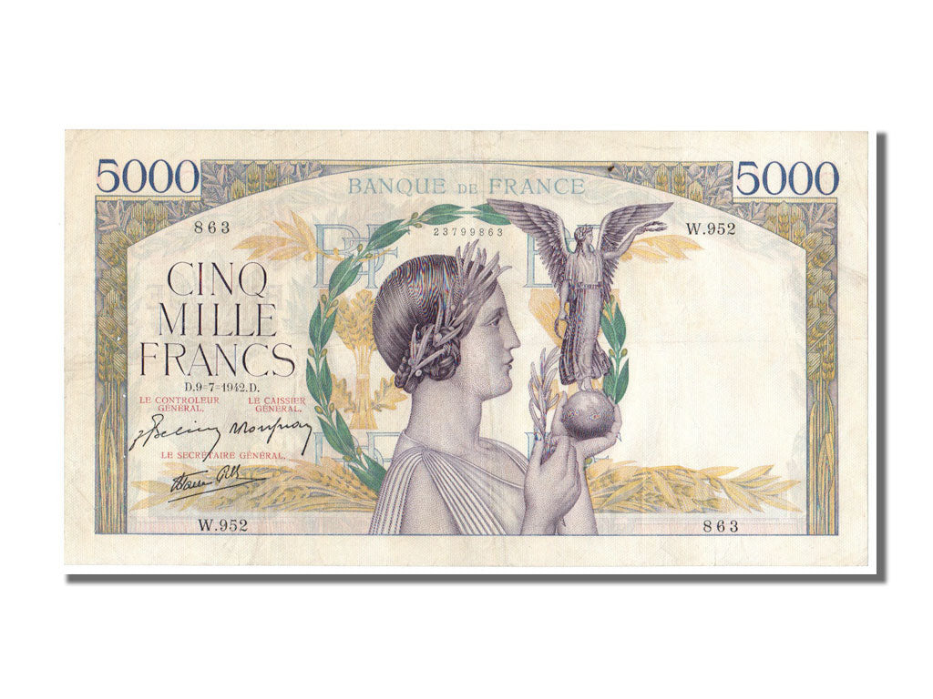 France, 5000 Francs, 5 000 F 1934-1944 ''Victoire'', 1942, KM #97c, 1942-07-09,.