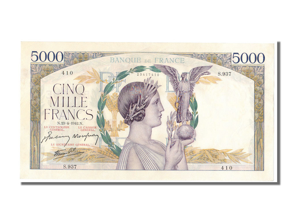 Geldschein, Frankreich, 5000 Francs, 5 000 F 1934-1944 ''Victoire'', 1942