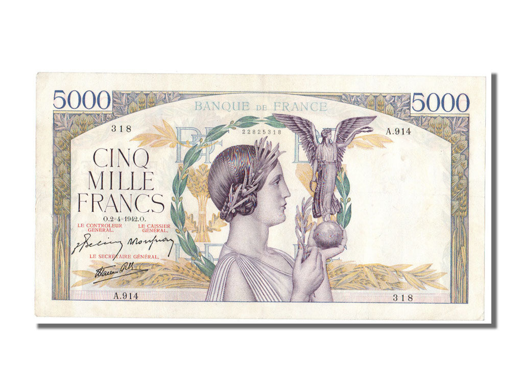 France, 5000 Francs, 5 000 F 1934-1944 ''Victoire'', 1942, KM #97c, 1942-04-02,.