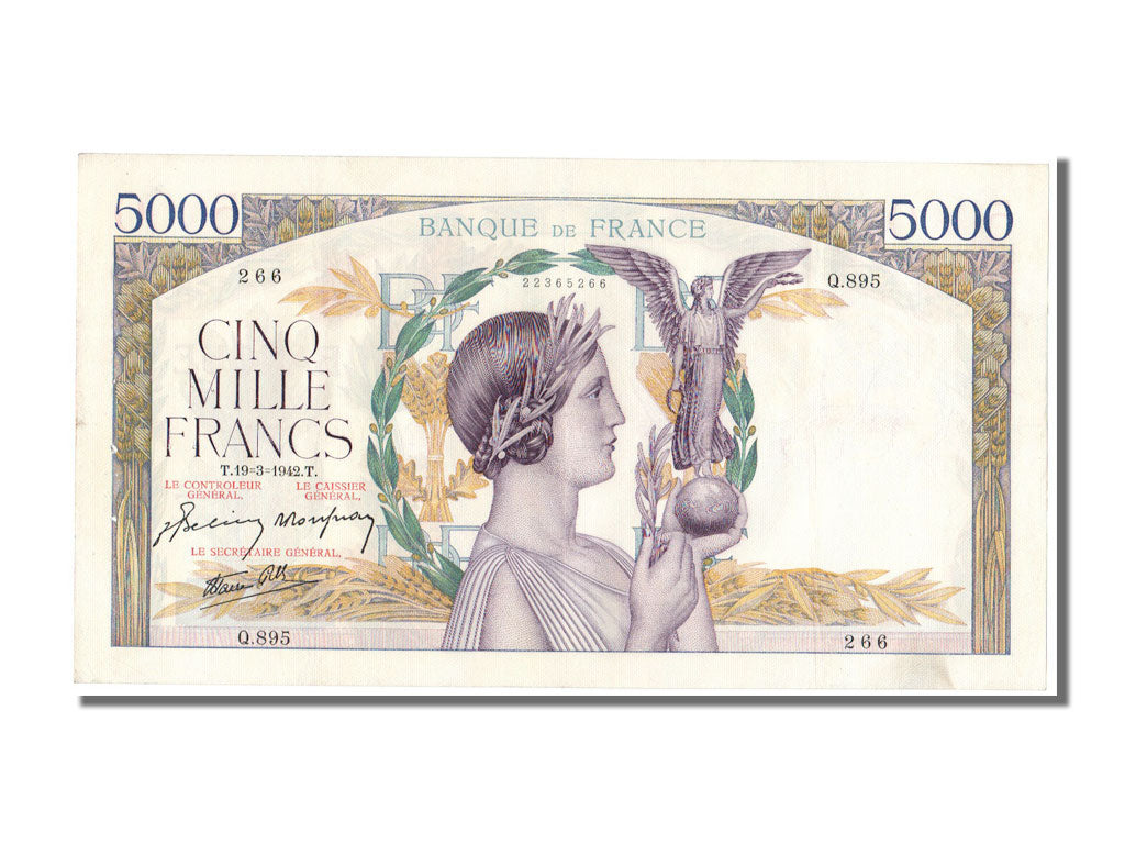 Geldschein, Frankreich, 5000 Francs, 5 000 F 1934-1944 ''Victoire'', 1942