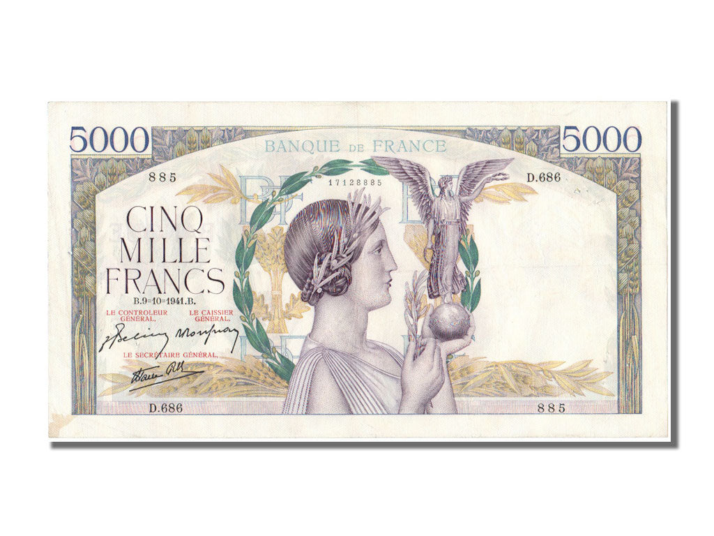 France, 5000 Francs, 5 000 F 1934-1944 ''Victoire'', 1941, KM #97c, 1941-10-09,.