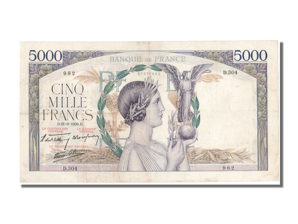France, 5000 Francs, 5 000 F 1934-1944 ''Victoire'', 1939, KM #97a, 1939-09-21,.