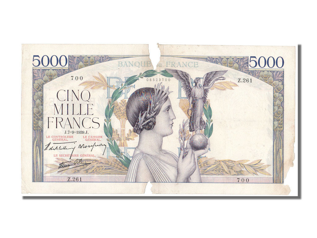 France, 5000 Francs, 5 000 F 1934-1944 ''Victoire'', 1939, KM #97a, 1939-09-07,.