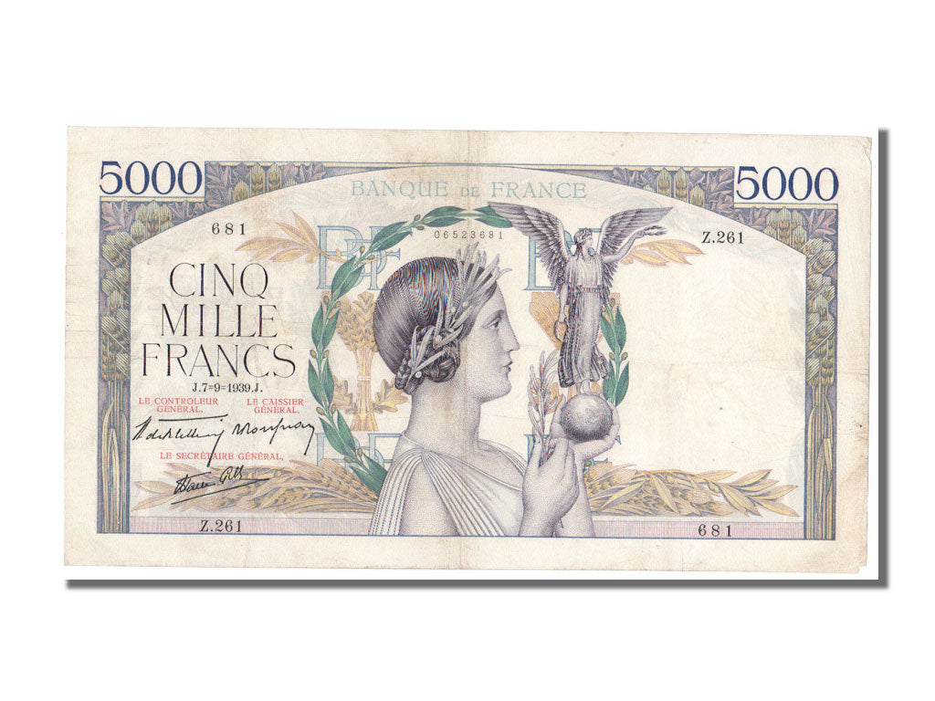France, 5000 Francs, 5 000 F 1934-1944 ''Victoire'', 1939, KM #97a, 1939-09-07,.