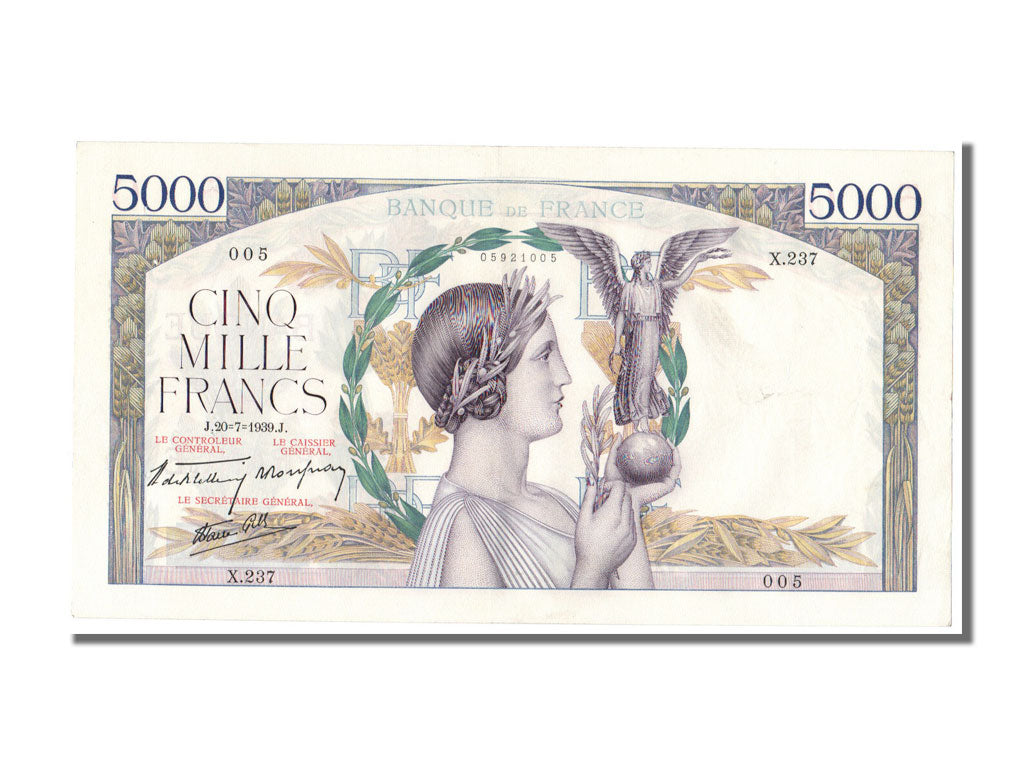 France, 5000 Francs, 5 000 F 1934-1944 ''Victoire'', 1939, KM #97a, 1939-07-20,.