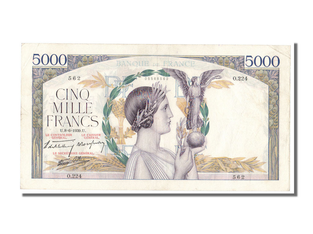 Billete, Francia, 5000 Francs, 5 000 F 1934-1944 ''Victoire'', 1939, 1939-06-08