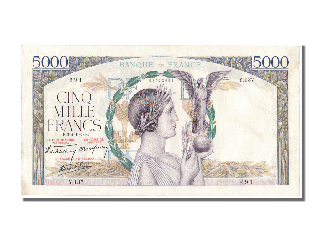 Billete, Francia, 5000 Francs, 5 000 F 1934-1944 ''Victoire'', 1939, 1939-04-06