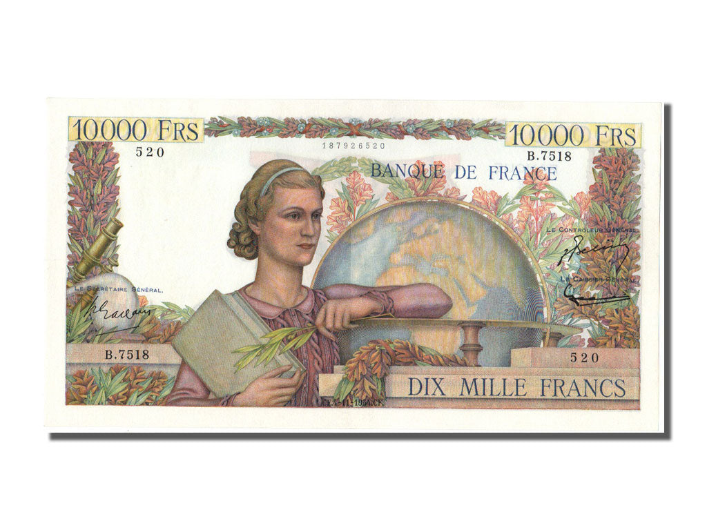 France, 10,000 Francs, 10 000 F 1945-1956 ''Génie Français'', 1954, KM #132d, 19