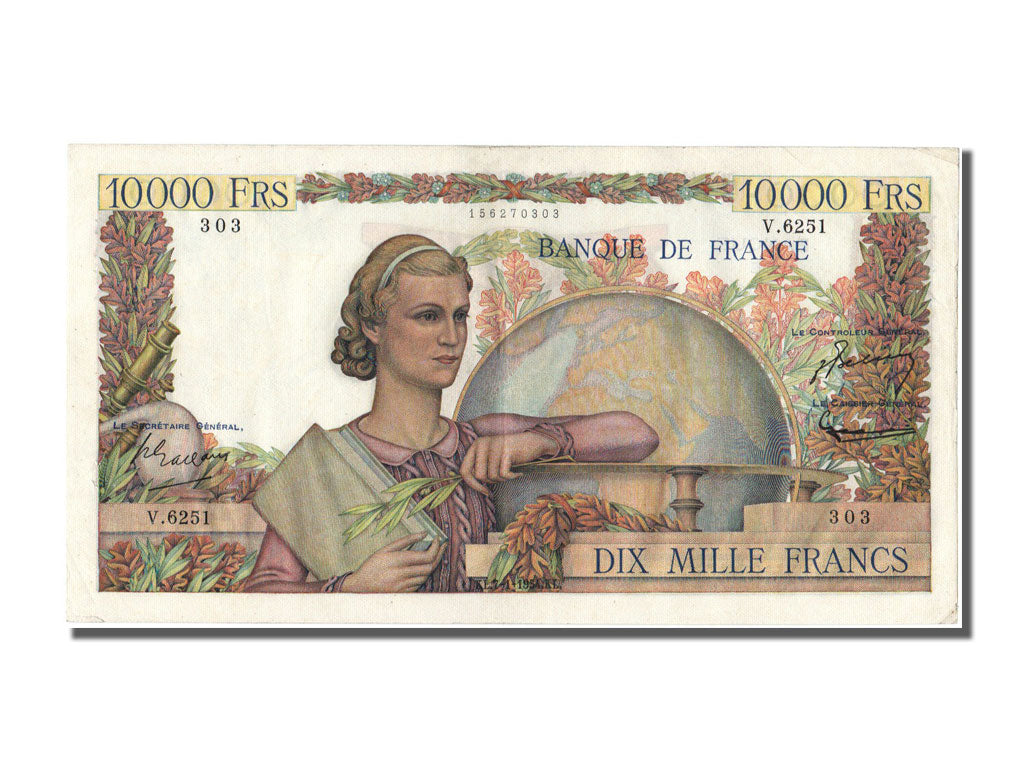 France, 10,000 Francs, 10 000 F 1945-1956 ''Génie Français'', 1954, KM #132d, 19