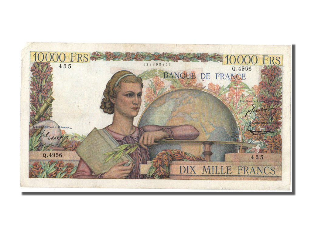 France, 10,000 Francs, 10 000 F 1945-1956 ''Génie Français'', 1953, KM #132d, 19