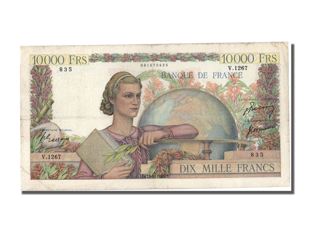 Francia, 10,000 Francs, 10 000 F 1945-1956 ''Génie Français'', 1951, KM:132...