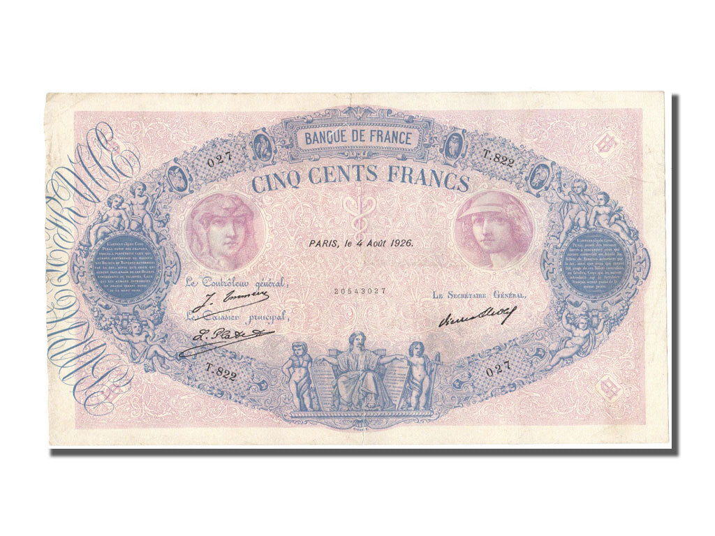 France, 500 Francs, 500 F 1888-1940 ''Bleu et Rose'', 1926, KM #66k,...
