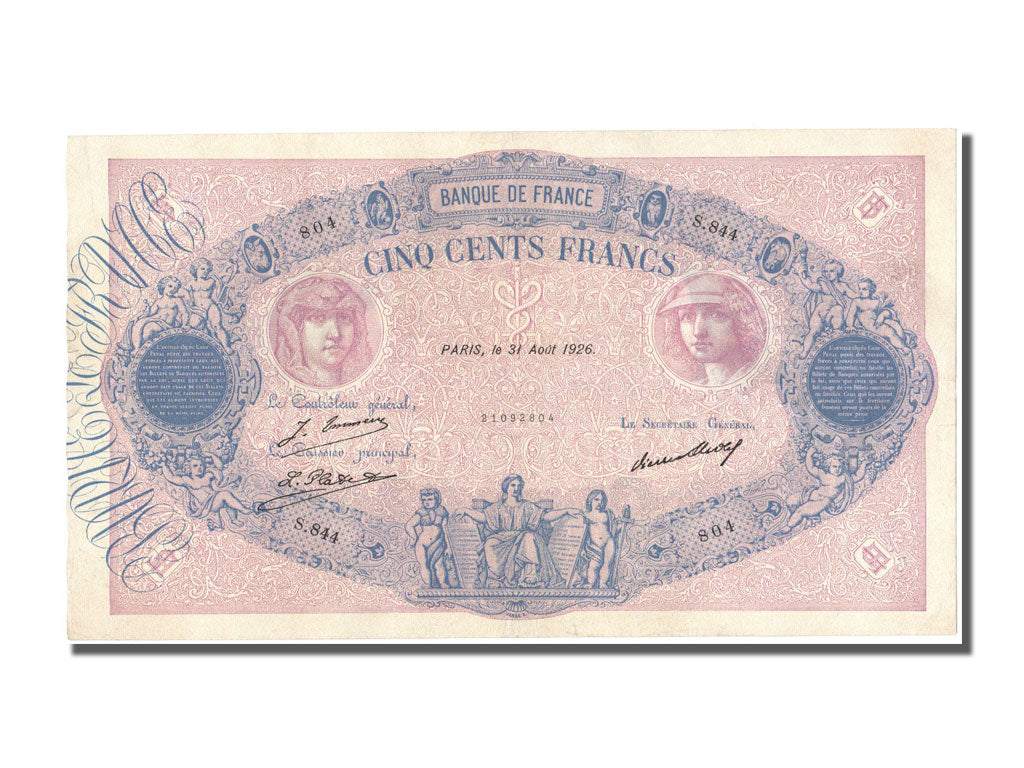 France, 500 Francs, 500 F 1888-1940 ''Bleu et Rose'', 1926, KM #66k,...