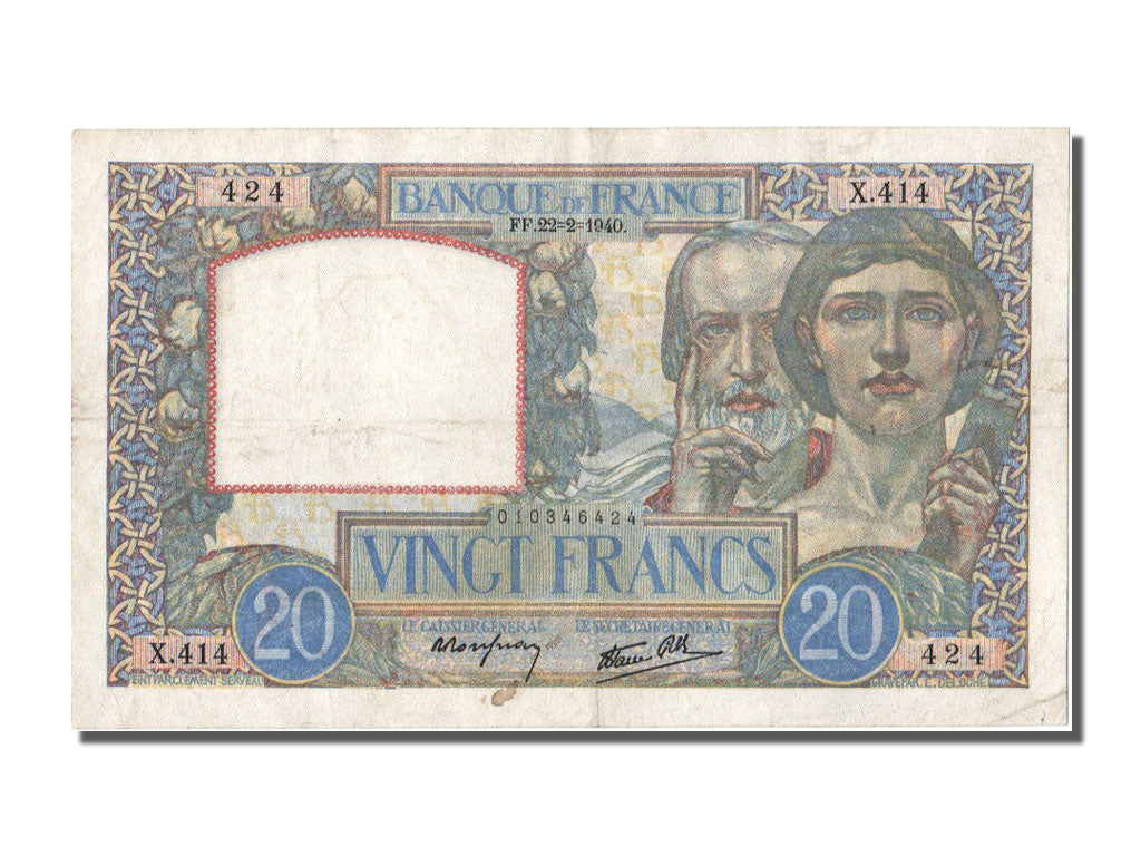 Banknote, France, 20 Francs, 20 F 1939-1942 ''Science et Travail'', 1940