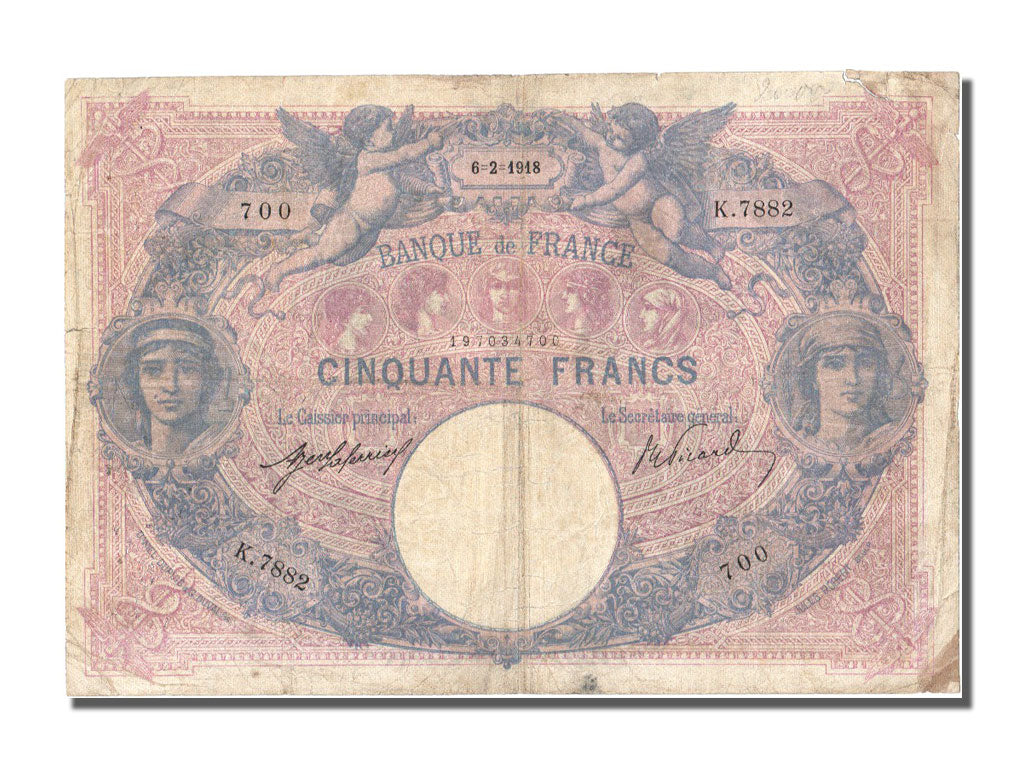 France, 50 Francs, 50 F 1889-1927 ''Bleu et Rose'', 1918, KM #64e, 1918-02-06,..