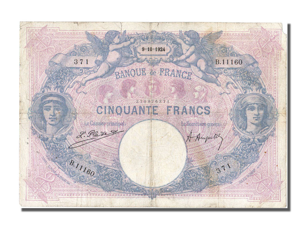 France, 50 Francs, 50 F 1889-1927 ''Bleu et Rose'', 1924, KM #64g, 1924-10-09,..